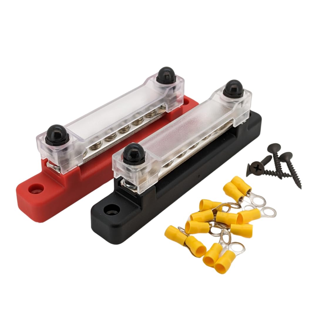 150A AMP Positive & Negative Busbar Power Blocks with 6x M4 Terminal Screws & Crimp Terminals for 12V- 48V DC Single-row Covered Ground Distribution Block for Car Boat Marine Caravan Camper Van