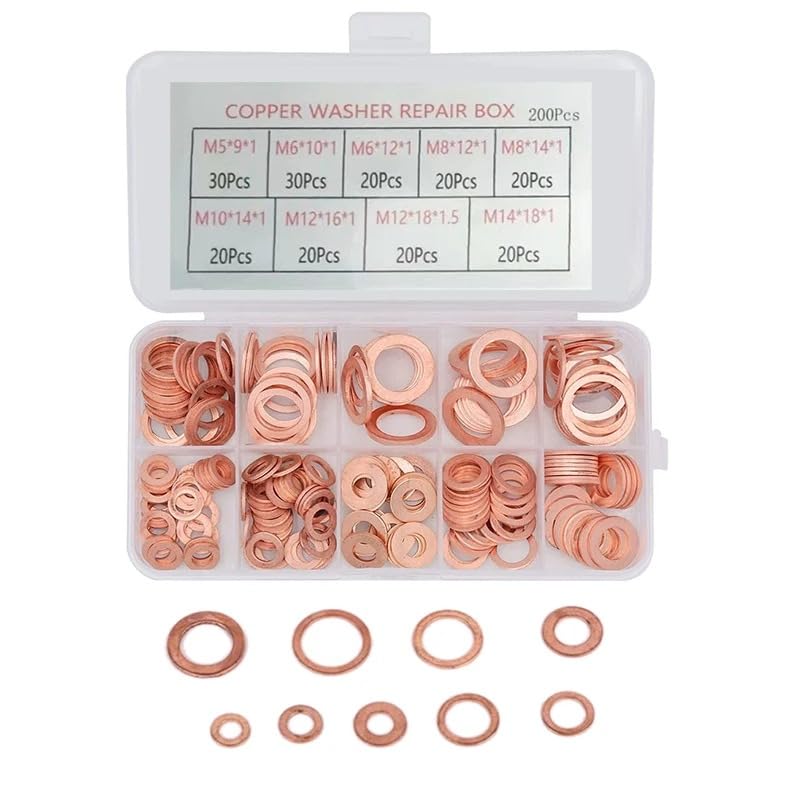 200pcs Sump Plug Copper Washer Kit - M5 M6 M8 M10 M12 M14 Sizes - Assorted Oil Seal Flat O Ring Washers Sealing Gasket Set - Mechanic Garage Supplies