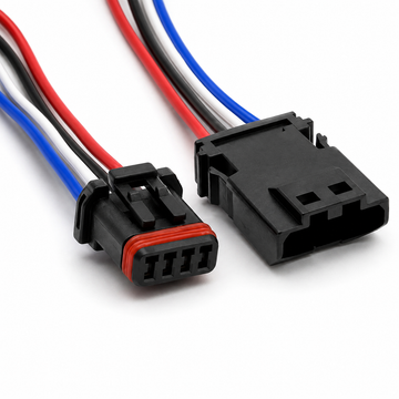 A 4-pin electrical connector cable with black plastic housings, featuring red, white, black, and blue wires. One connector is shown from the front with its red-recessed pin area visible, and the other is shown from the side.