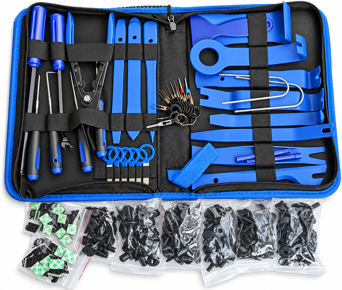200pcs Car Clip Removal Tool Kit & Plastic Panel Fasteners for Auto, Trim, Panel, Door, Radio, Stereo, Audio, Terminals & Connectors - Pliers, Pry Tools & More (Blue)