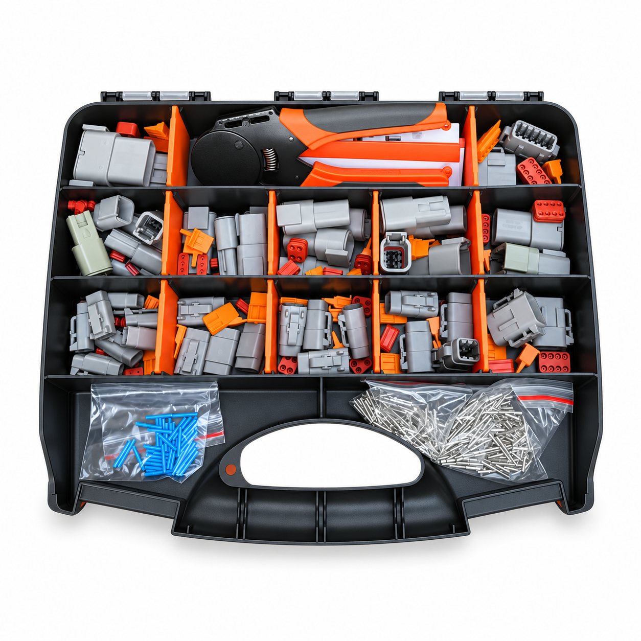 47pcs Deutsch DTM Connector Assortment Box & Terminal Crimp Tool - 12, 8, 6, 4, 3 & 2 Pin Electrical Plug Set - Complete Kit with Male & Female Connectors, Pins, Seals, Lock Wedges & Crimping Tool