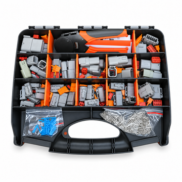 47pcs Deutsch DTM Connector Assortment Box & Terminal Crimp Tool - 12, 8, 6, 4, 3 & 2 Pin Electrical Plug Set - Complete Kit with Male & Female Connectors, Pins, Seals, Lock Wedges & Crimping Tool