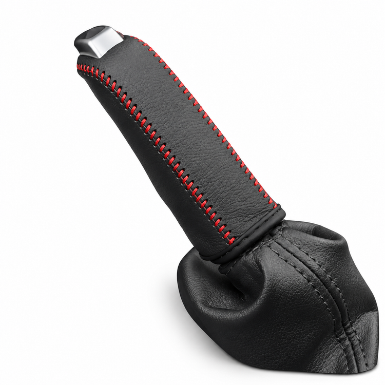 Protective Sleeve for Handbrake Decorative Cover: Black Leather with Red Stitching – AMZ-010 – image 1
