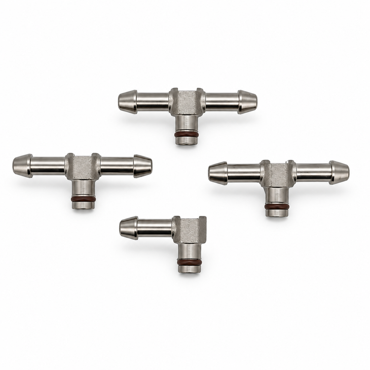4x METAL DENSO INJECTOR RETURN LEAK OFF 3x T PIECE AND 1x L PIECE PIPE CONNECTOR – F04/3Ts1L/Densoleak – image 1