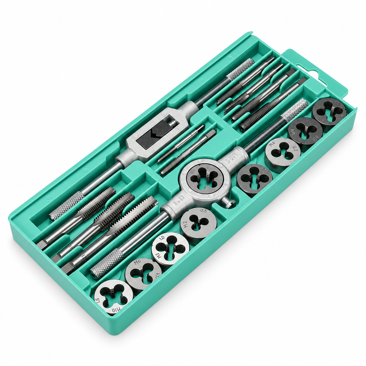 20pcs Tungsten Alloy Steel Tap and Die Set M3–M12, Metric & SAE Threading Kit with Tap Wrench for Internal & External Threads