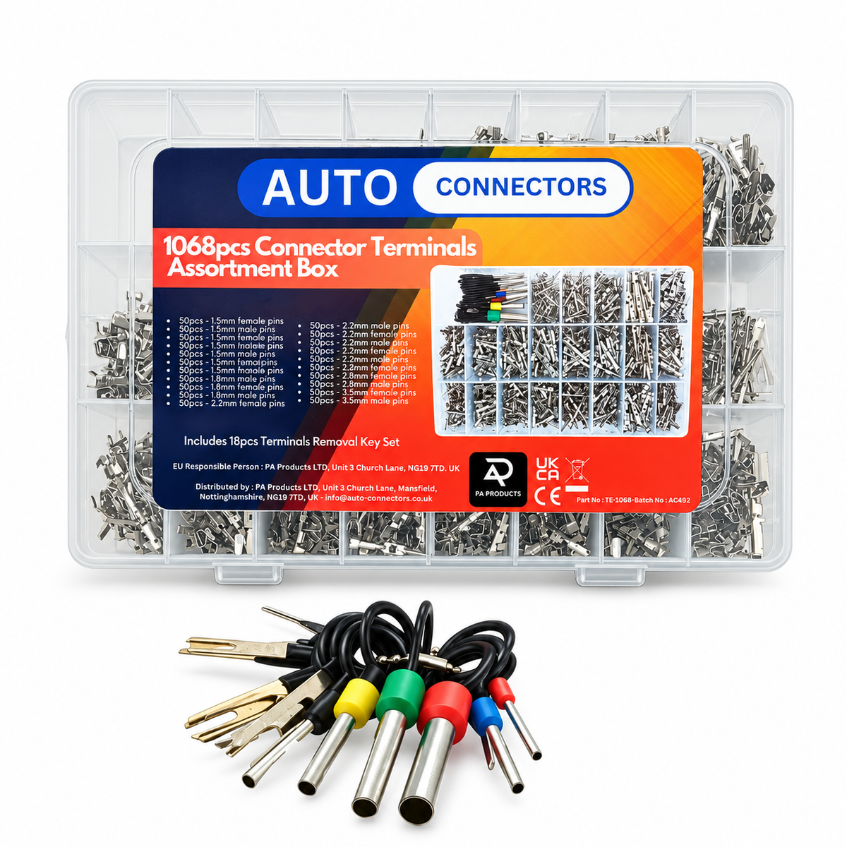 1068pc Automotive Connector Crimp Terminal Pins Assortment Box & 18pc De-pinning Removal Tool - Male & Female Pins 1.5mm - 3.5mm