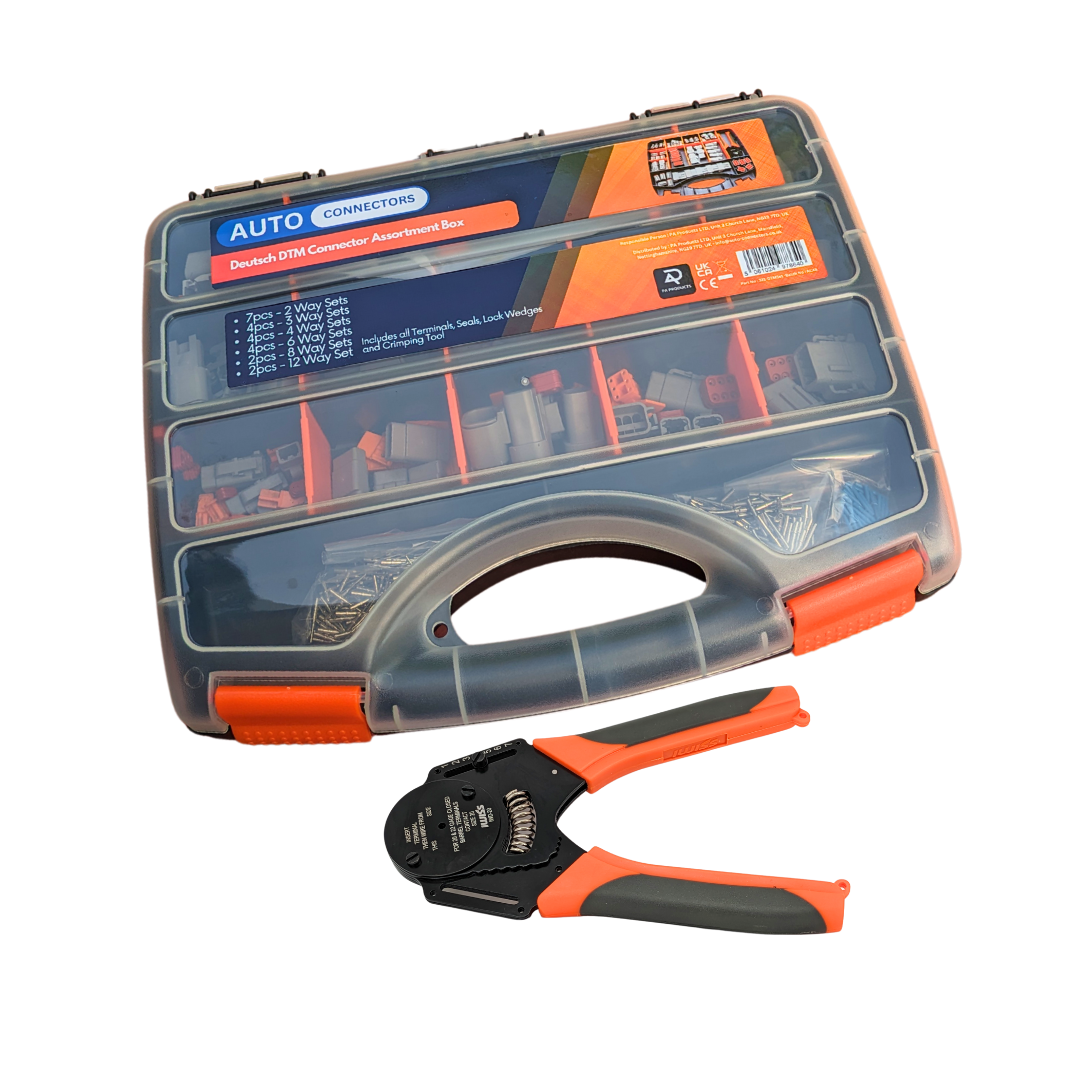 47pcs Deutsch DTM Connector Assortment Box & Terminal Crimp Tool - 12, 8, 6, 4, 3 & 2 Pin Electrical Plug Set - Complete Kit with Male & Female Connectors, Pins, Seals, Lock Wedges & Crimping Tool