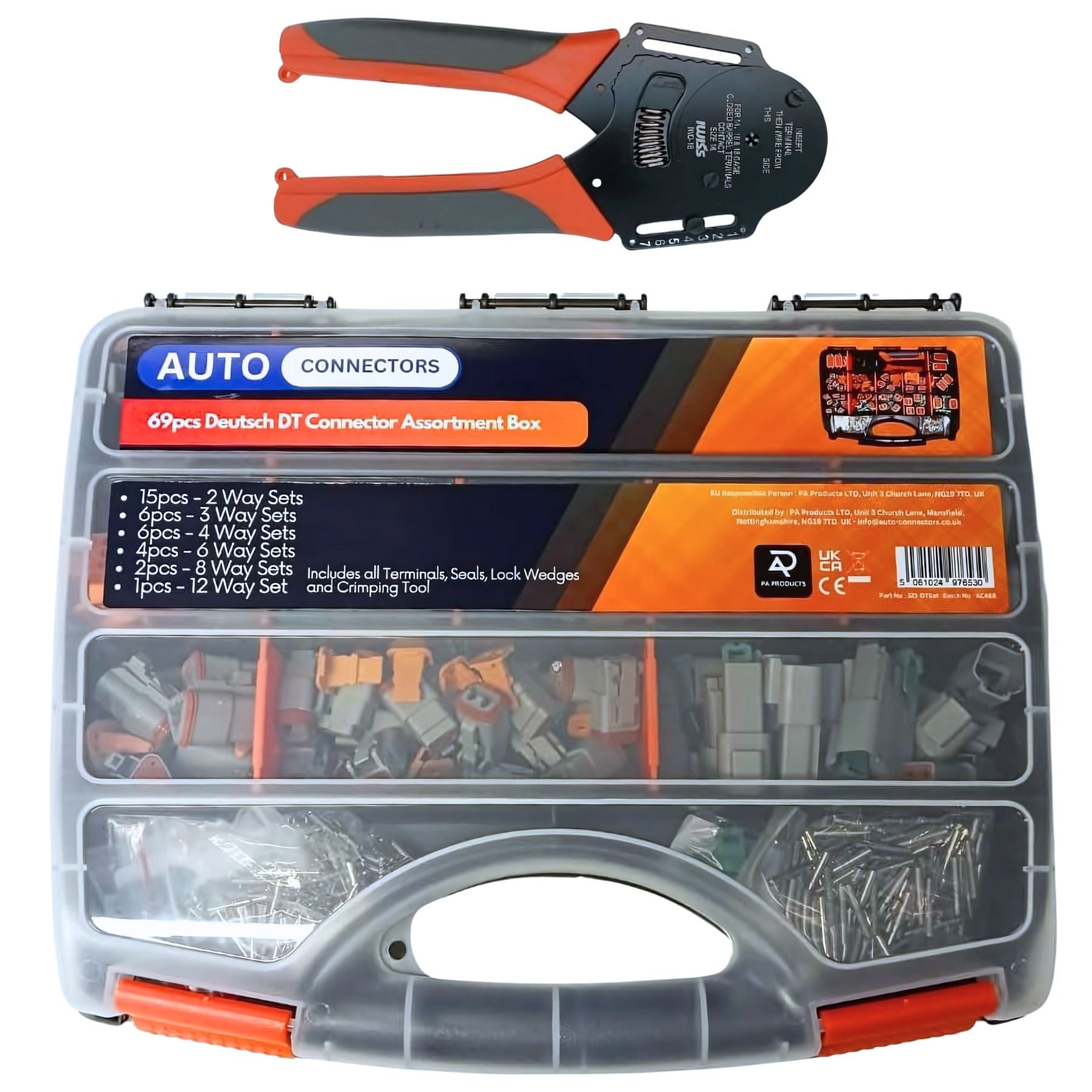 69pcs Automotive Electrical Connector Set for Deutsch DT Series & Crimp Tool - 34 Male & Female Sets with Pins, Inserts & Seals - 2, 3, 4, 6, 8 & 12 Pin/Way Connector Kits