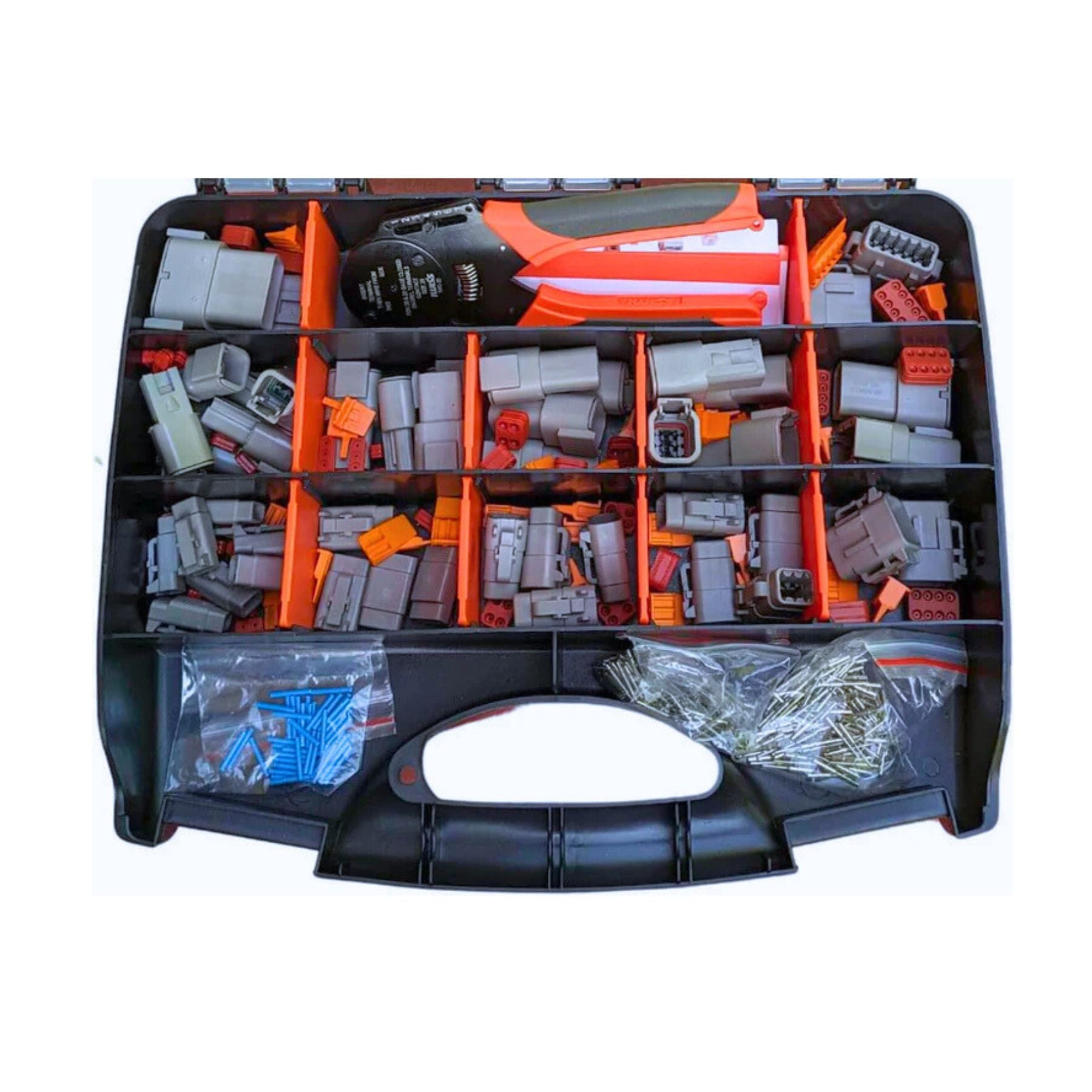 47pcs Deutsch DTM Connector Assortment Box & Terminal Crimp Tool - 12, 8, 6, 4, 3 & 2 Pin Electrical Plug Set - Complete Kit with Male & Female Connectors, Pins, Seals, Lock Wedges & Crimping Tool
